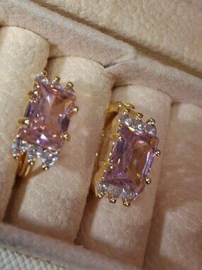Pink Zirconia Huggie Hoop Earrings Gold - Emerald Cut Crystal Stud Hoops